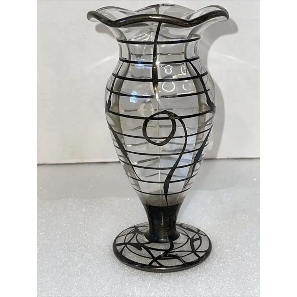 Art Nouveau Vase Sterling Silver Overlayed Glass Fluted Lip Footed Circa 1930’s